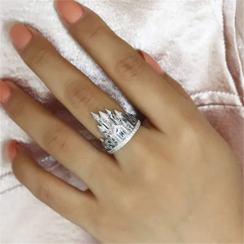 Vista 5 de Ai.Moichien Anillos de castillo de topacio blanco, anillo de boda, compromiso, grueso, elegante, chapado en plata, accesorios delicados
