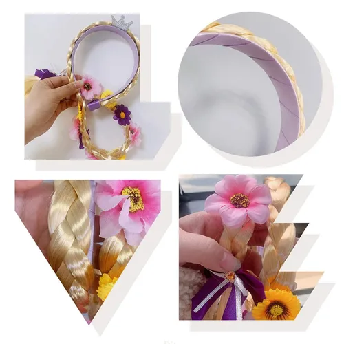 Vista 2 de Peluca de princesa Rapunzel larga trenzada con diadema de flores de tiara para niñas, accesorios de disfraz de 29 pulgadas