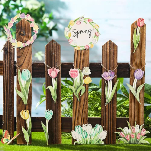 Vista 2 de Wenqik 36 adornos de primavera para árbol, flor de primavera, tulipán, decoraciones de bosque, decoraciones de árbol de Pascua, letrero colgante