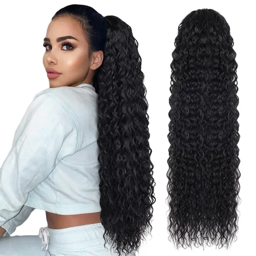 Vista 7 de Cola de caballo larga y rizada con cordón de 30 pulgadas, extensiones de cola de caballo sintéticas con clip, color negro para mujer, afro rizado