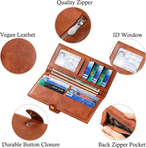 Vista 3 de Cartera delgada RFID para mujer, cartera delgada para mujer, tarjetero de cuero plegable con bolsillo con cremallera para ventana de identificación