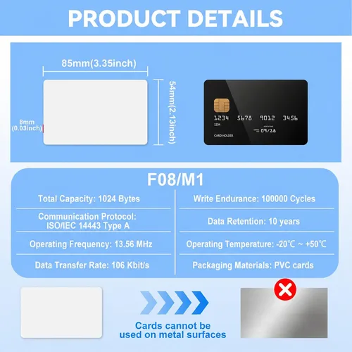 Vista 2 de 80 tarjetas inteligentes RFID, 13.56 MHz ISO14443A Mifare Classic 1K tarjetas sin contacto imprimibles en blanco, compatibles con lector RFID