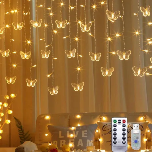 Vista 8 de Lainin - Tira de luces alimentadas por USB de 13 pies, 96 luces LED, 18 cuerdas de mariposas, tira de luces de hadas de 8 modos para fiestas Rosa