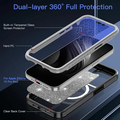 Vista 3 de Hekodonk Funda para iPhone 15 Pro Max, compatible con Magsafe [protector de pantalla de vidrio templado integrado y protección de lente de cámara]