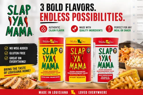 Vista 3 de Slap Ya Mama Condimento cajún estilo Louisiana, mezcla caliente, sin MSG y Kosher, lata de 8 onzas Un recipiente de 8 onzas de condimento cajún