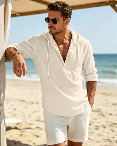 Vista 4 de Sudaderas con capucha de lino y algodón para hombre, estilo casual, manga larga, con botones, ligeras, informales, hawaianas, para la playa