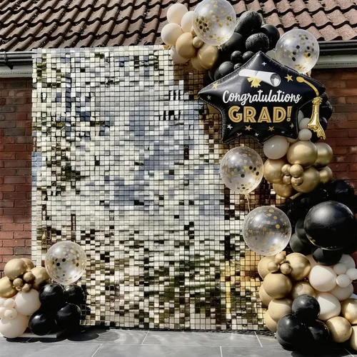 Vista 5 de Globos negros y dorados de graduación con globos de aluminio de graduación, globos metálicos de color negro, blanco, arena, beige, dorado