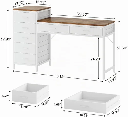 Vista 2 de Escritorio para computadora de 55 pulgadas con cajón reversible, marrón claro y blanco
