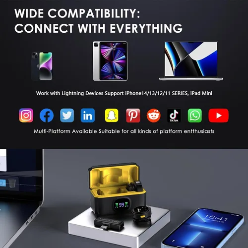 Vista 2 de WAVLINK Micrófono Lavalier inalámbrico para iPhone Vlog, sistema de micrófono dual con solapa con clip y entrada Lightning y 42 horas, micrófono