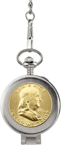 Vista 2 de Reloj de bolsillo con moneda con movimiento de esqueleto, plata en capas doradas Franklin Half Dollar Moneda estadounidense genuina Segunda mano
