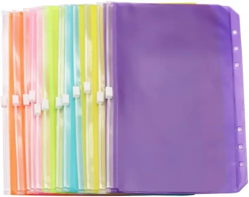 Vista 11 de Bolsillos para carpeta A5, color rosa, 12 unidades, con cremallera, bolsas de hojas sueltas, 6 agujeros, organizador de cremallera de PVC, carpeta