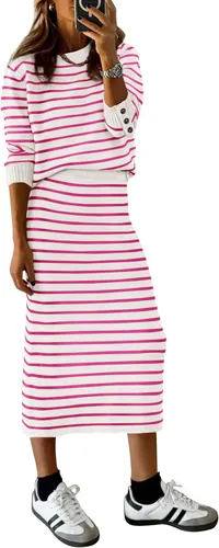 Vista 15 de PRETTYGARDEN - Conjunto de falda de suéter a rayas de 2 piezas para mujer Rayas de albaricoque