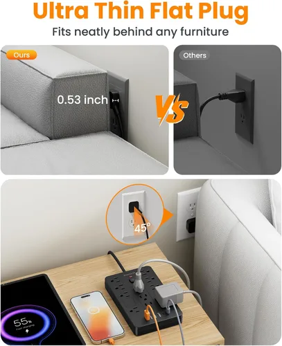 Vista 7 de Regleta de alimentación con protector de sobretensión - 11 tomas de corriente (1850 W/15 A) con 6 puertos USB (2 USB C), extensión de enchufe plano