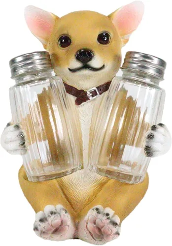Vista 3 de Ebros Picante - Juego de figuras de taza de té de color marrón claro, chihuahua con collar, salero y pimienta, 6.25 pulgadas de alto, Chi Chi Taco