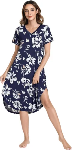 Vista 28 de NACHILA Bamboo Viscose Nightgowns for Women Cooling Short Sleeve Sleepshirt A-aqua Green