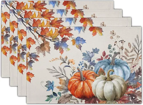 Vista 26 de Juego de 4 manteles individuales de otoño para mesa de comedor, hojas de calabazas de otoño, cosecha de Acción de Gracias, tela lavable