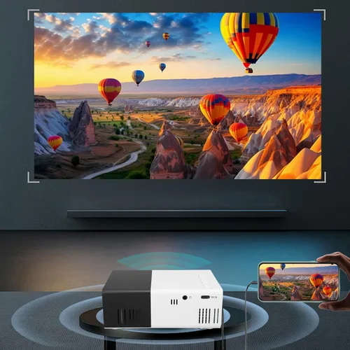 Vista 3 de Mini proyector, proyector de video de cine en casa HD 1080P, 100ANSI 6000LM, corrección trapezoidal automática, espejo de pantalla, compatible
