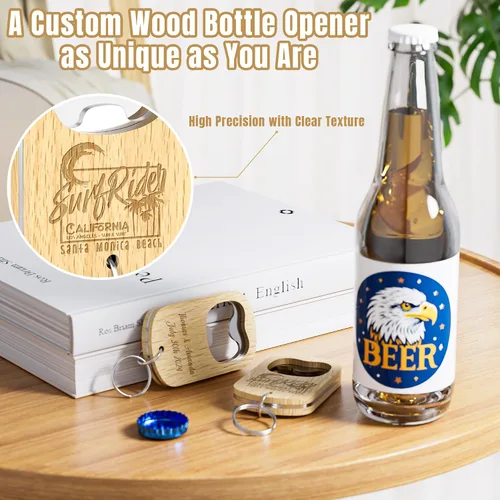 Vista 4 de 15 llaveros de madera personalizados para abrebotellas de cerveza, grabado con láser, cualquier logotipo de texto para bares, familiares, recuerdos