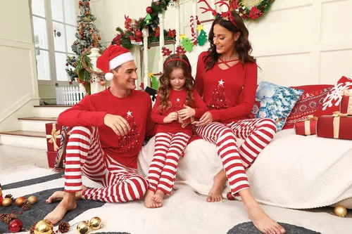 Vista 5 de iClosam Juego de pijamas familiares a juego, pijamas a rayas navideño, pijamas para papá, mamá, pijamas