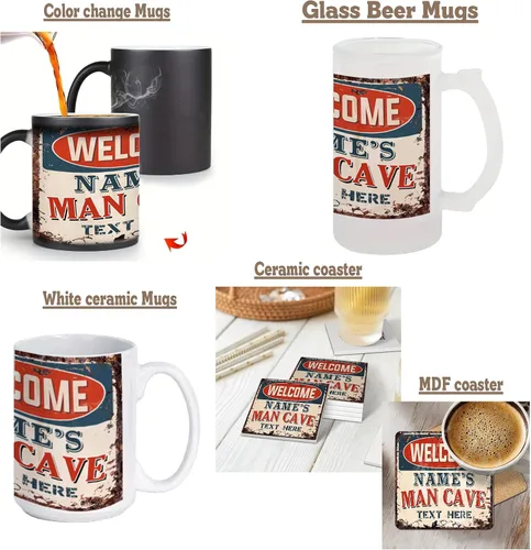 Vista 3 de WELCOME MILO’S MAN CAVE MY CAVE MY RULES Custom Personalized Chic Sign Rustic Vintage Style Coaster Mugs Retro Kitchen Bar Pub Coffee Shop Home