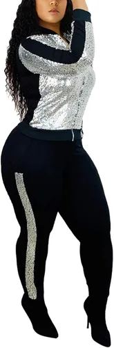Vista 2 de Conjunto deportivo de 2 piezas con lentejuelas con purpurina para mujer chaqueta de manga larga pantalones largos ajustados sudadera brillante ropa