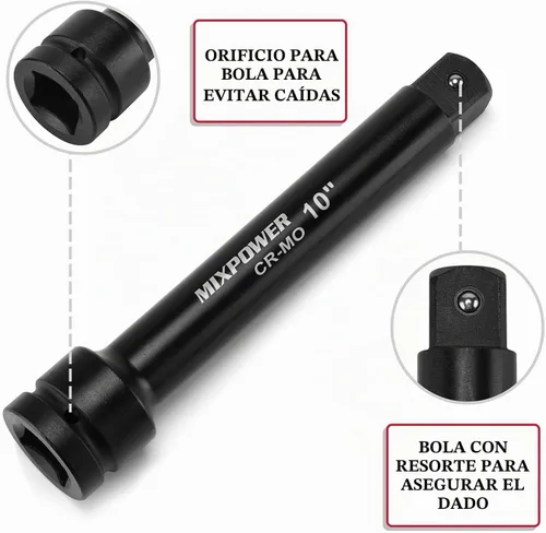 Vista 4 de MIXPOWER Barra de extensión de enchufe de impacto de 1" por 6", 10" de acero al cromo molibdeno, 6", barra ext. 10".