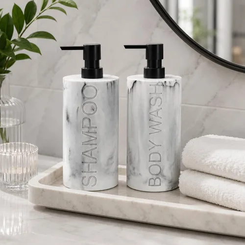 Vista 21 de Paquete de 2 botellas recargables de resina negra mate para champú y gel de baño – Juego de dispensadores de bomba modernos para baño, recipientes