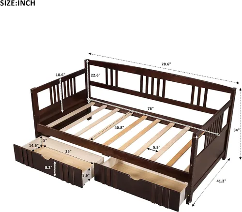 Vista 2 de Harper & Bright Designs Marco de cama esquinero de tamaño individual con cajones, sofá cama de madera maciza con almacenamiento y cabecero,