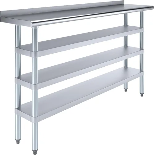 Vista 12 de Mesa de trabajo de acero inoxidable con protector contra salpicaduras de 1.5 pulgadas y 3 estantes, mesa de metal para preparación de alimentos