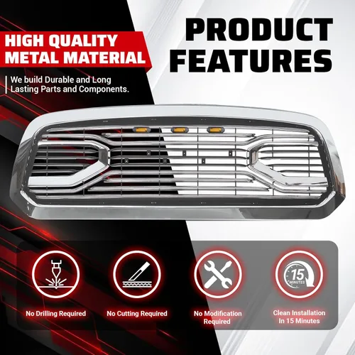 Vista 7 de Rejilla delantera compatible con RAM 1500 Big Horn Style 2013 2014 2015 2016 2017 2018, rejilla de repuesto con letras y luces LED, cromada