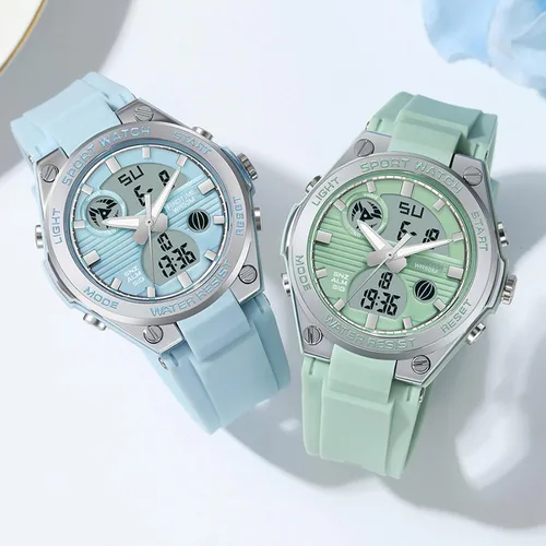 Vista 4 de Relojes de pulsera para mujer, digital, 5 bares, impermeables, con retroiluminación LED, correa colorida, alarma analógica