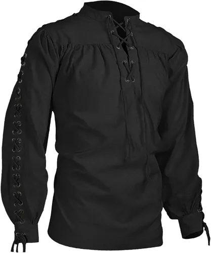 Vista 5 de Camisa medieval pirata para hombre, manga larga, con cordones, gótico renacentista, steampunk