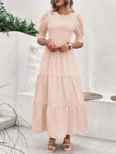 Vista 36 de BTFBM Vestidos para mujer, cuello redondo, casual, de verano, con volantes, manga corta, bohemio, con niveles, fruncido, largo, con estampado floral