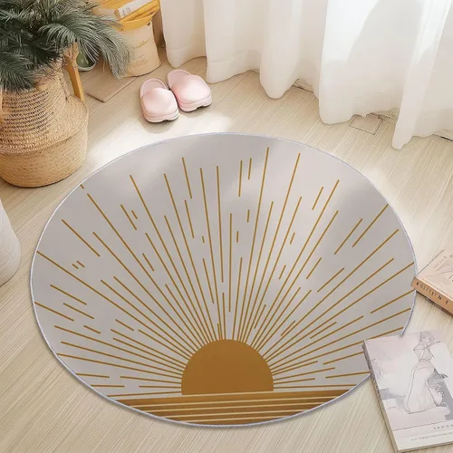 Vista 4 de Bath Mat Round Rug 2 ft, Boho Sun Line Mandala Washable Circular Rugs, Non Slip Absorbent Beige Circle Area Carpet for Kitchen Living Room Bedroom