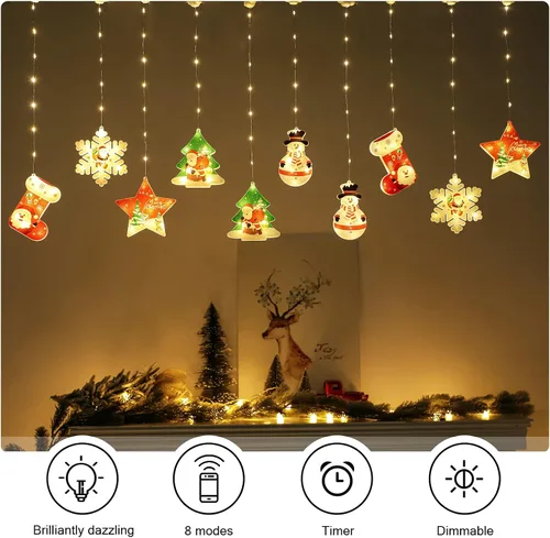 Vista 5 de BLOOMWIN Luces de ventana para decoración de Navidad, luces LED de ventana de Navidad, novedosas luces colgantes 3D de cortina de Navidad