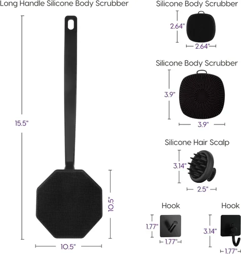 Vista 4 de Juego de exfoliante corporal de silicona, incluye limpiadores de espalda y cuerpo, cepillo facial, masajeador de cuero cabelludo, 4 ganchos de Negro