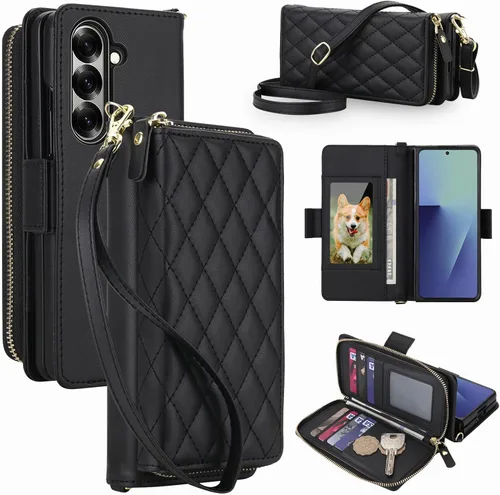 Vista 13 de Compatible con Samsung Galaxy Z Fold 3 5G 2021 - Funda tipo cartera con cremallera y bloqueo RFID, correa para tarjetero, ranuras para tarjetas Rojo