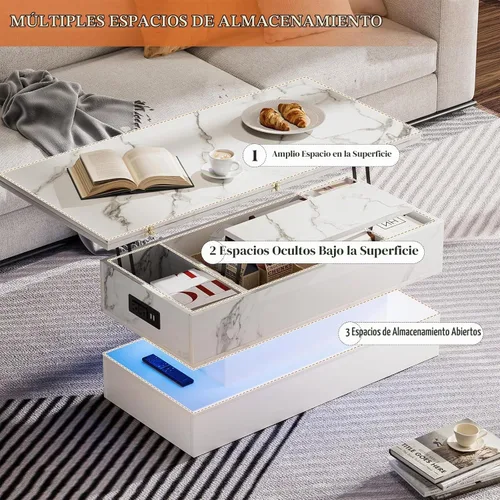 Vista 4 de SYESWAY - Mesa de centro con tapa elevable de 39.4 pulgadas con estación de carga, mesa central con diseño de mármol brillante con compartimento