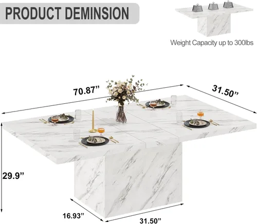 Vista 2 de LVB Mesa de comedor para 6 a 8 personas, mesa de cocina rectangular de mármol sintético blanco de 71 pulgadas, mesa de comedor de madera