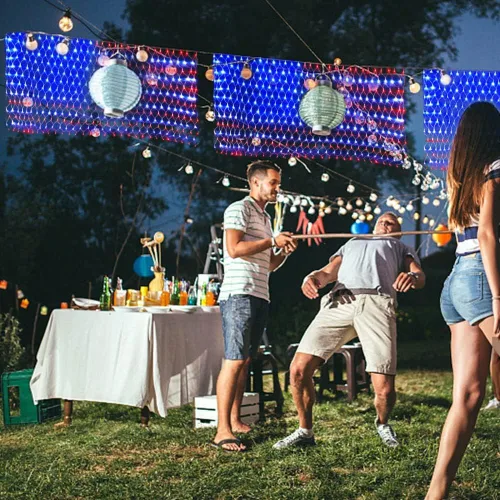 Vista 6 de Luces de bandera estadounidense, 420 luces LED de red de bandera de Estados Unidos, decoraciones del 4 de julio, decoración patriótica impermeable
