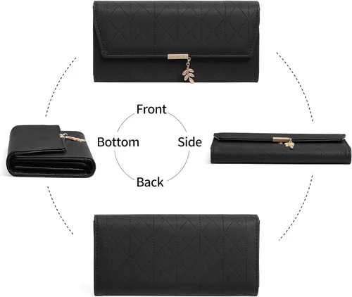 Vista 5 de aurrako Carteras de cuero para mujer, tarjetero de cuero RFID, triple pliegue, monedas, bolsillo con cremallera y ventana de identificación, gran