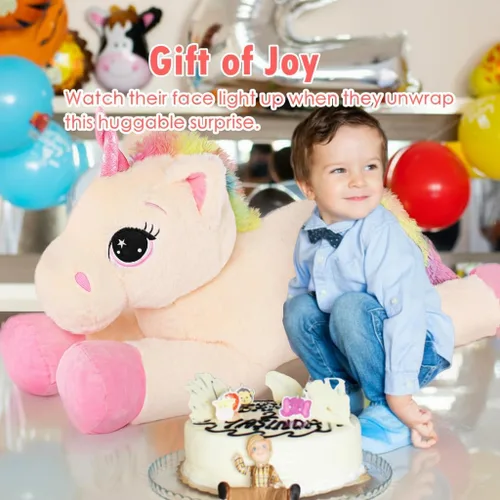 Vista 7 de Tezituor Juguetes de unicornio de peluche de 32 pulgadas, animales de unicornio gigante beige de peluche, encantadoras decoraciones de peluche