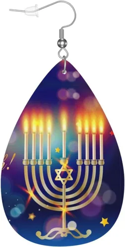 Vista 9 de Happy Hanukkah Jewish Janucah Holiday - Aretes de cuero con forma de lágrima de doble cara para mujeres y niñas, decoración colgante, regalo