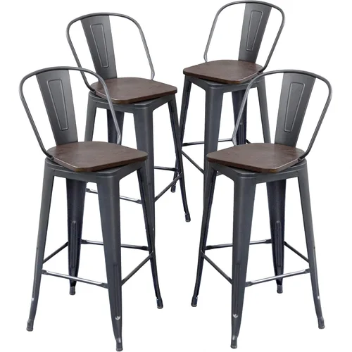 Vista 8 de Aklaus Juego de 4 taburetes de bar giratorios de metal, taburetes de barra de mostrador con respaldo giratorio, asiento de madera, taburetes de bar
