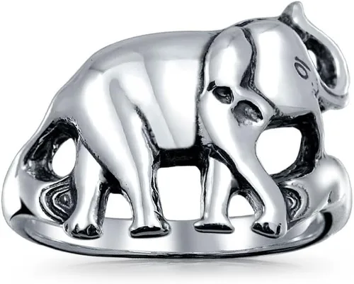 Vista 2 de Anillo de elefante animal del zoológico de la buena suerte tronco para las mujeres para adolescentes oxidado plata esterlina .925