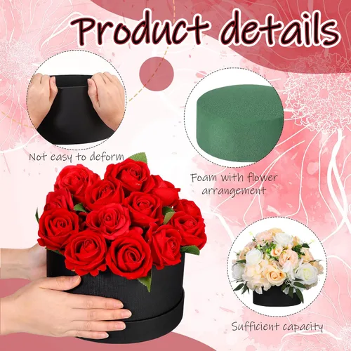 Vista 3 de Nuenen Caja de regalo redonda con tapa y juego de espuma floral, negro, 2 piezas, cajas de regalo para flores para el día de la madre, dama