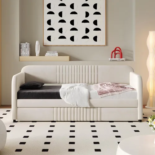 Vista 3 de Harper & Bright Designs Sofá cama tapizado tamaño individual con cama nido y listones de madera, beige