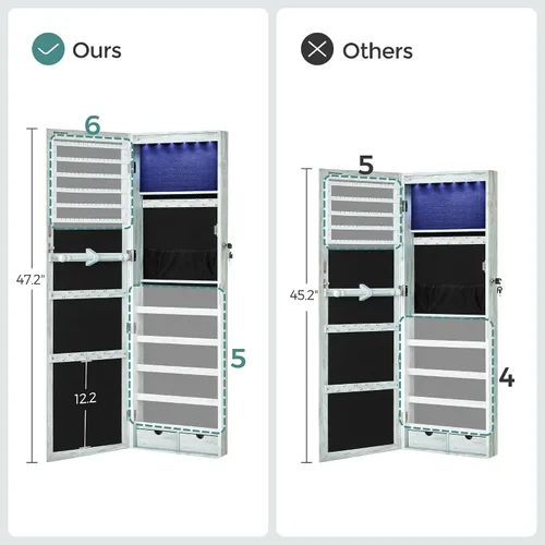 Vista 7 de SONGMICS - Gabinete organizador de joyas con 6 luces LED, para montar en la pared o en la puerta, de 47.3pulgadas de alto, con espejo y 2 cajones