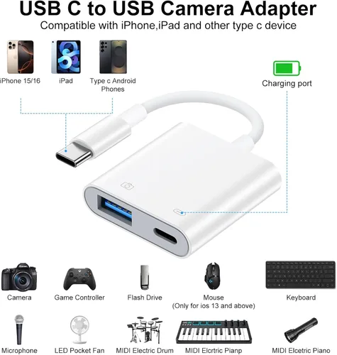 Vista 5 de Adaptador de cámara USB a USB C con puerto de carga para iPhone 16e 16 15 MacBook, adaptador USB hembra OTG para Android Samsung Galaxy A17 A36 A56
