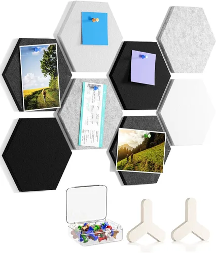 Vista 8 de MaxGear 8 Piezas Azulejos de Tablero de Corcho de Fieltro Hexagonales, Verde Autoadhesivos DIY Tablón de Anuncios Tablero de Pines para Oficina